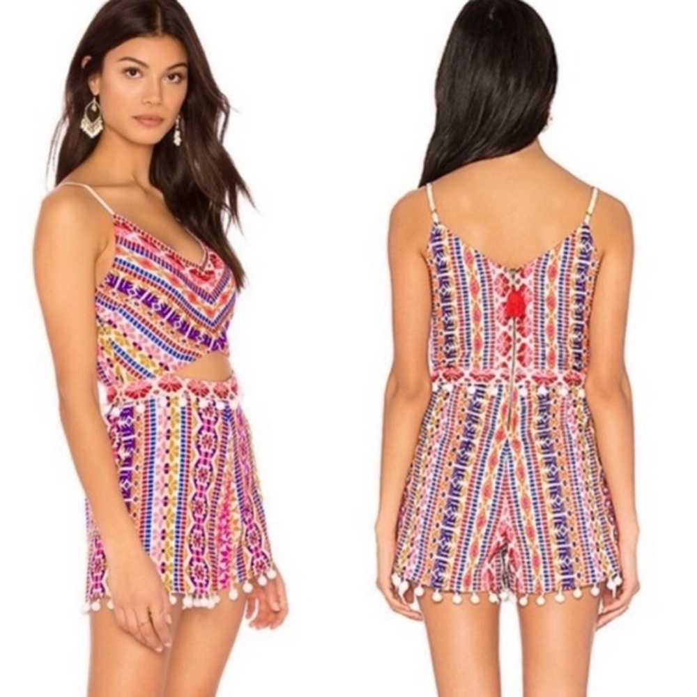 Saylor Revolve Brocade Romper with Pom Pom